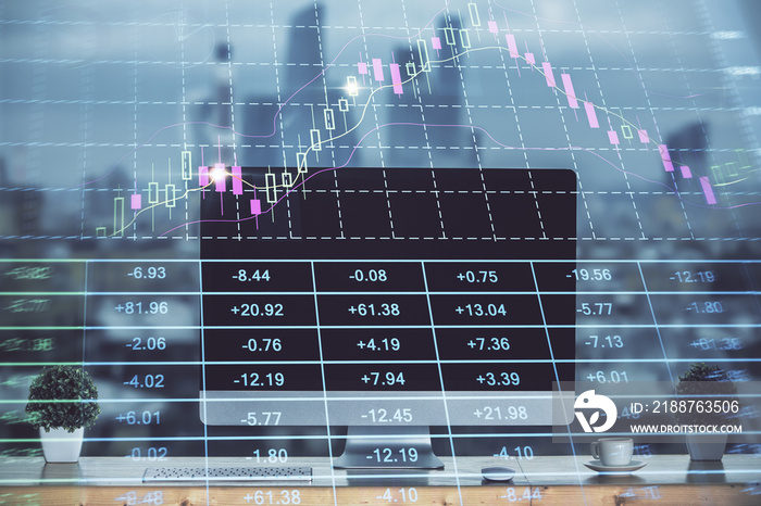 Forex market chart hologram and personal computer background. Multi exposure. Concept of investment.