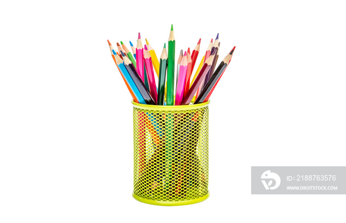 Colour pencils in metal pencil box. Isolated on white.