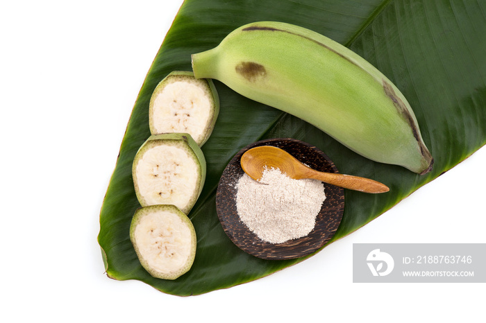 Banana or cultivated banana and powder isolated on white background.top view,flat lay.