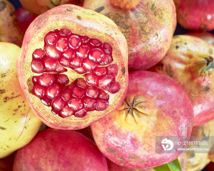 pomegranates top view closeup at the local market