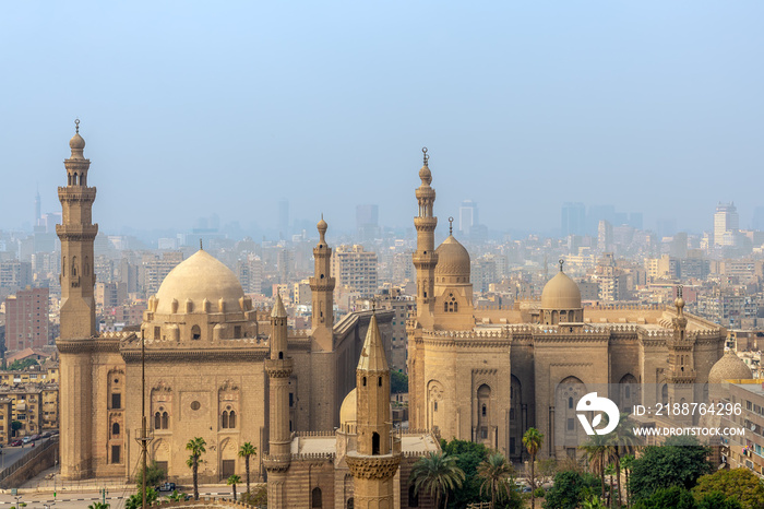 Aerial view of Cairo city from Salah Al Deen Citadel (Cairo Citadel) with Al Sultan Hassan and Al Rifai Mosques, Cairo, Egypt