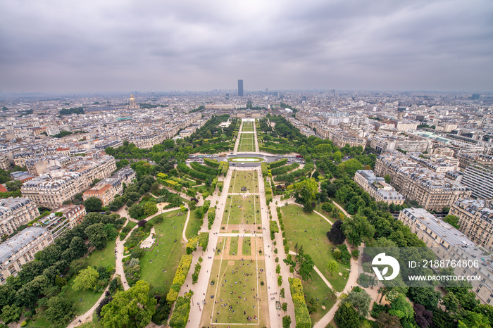 Jardin de la Tour Eiffel. Aerial overhead view of Champ de Mars and Eiffel Tower gardens in Paris, France