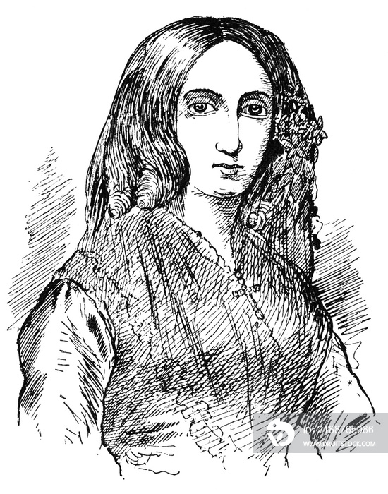 Portrait of Amantine Lucile Aurore Dupin (George Sand) - a French novelist, memoirist, and socialist. Illustration of the 19th century. White background.