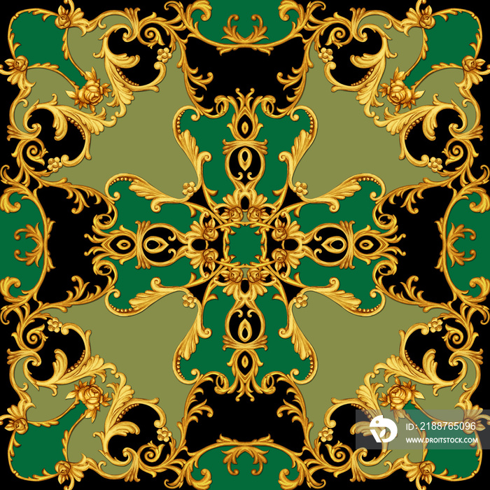 Design of silk scarf in Baroque style with golden scrolls and roses