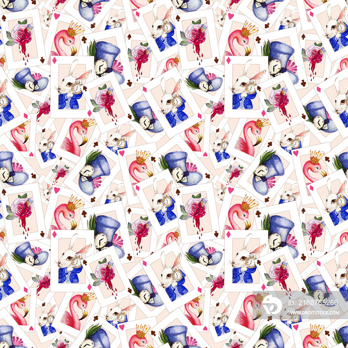 Seamless Pattern from Watercolor illustration RABBIT FLAMINGO HAT from “Alice in Wonderland” on beige background