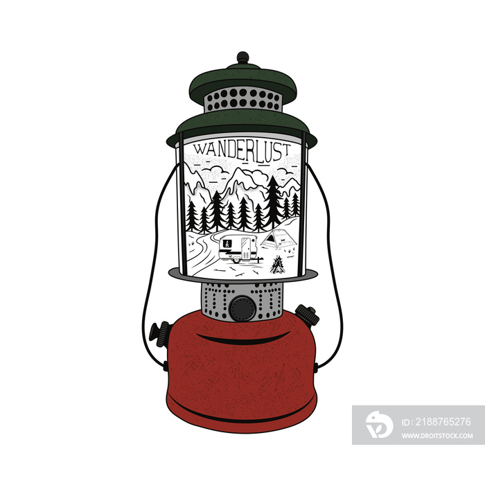 Vintage hand drawn Camping Lantern Emblem. Mountain adventure inside. Camp T-shirt. Funny hiking concept for tee. Perfect for any adventurer, wanderlust lovers or hikers. Stock .