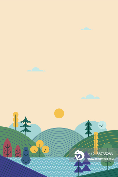 Mountains landscape, sunrise scene in nature with mountains and forest, silhouettes of trees. Hiking tourism. Adventure. Minimalist graphic flyers. Polygonal flat design for coupon, voucher, gift card