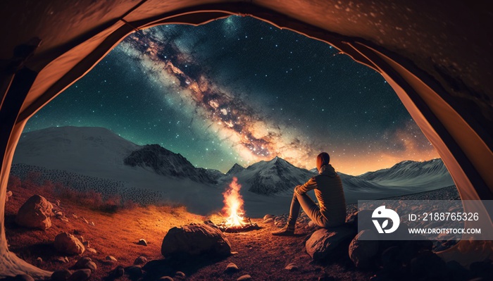 Night camping in the Mountains under a Starry Science Fiction Fantasy Sky with the Milky Way, Tent, Hiker, and Campfire. Female Camper Admiring Landscape.