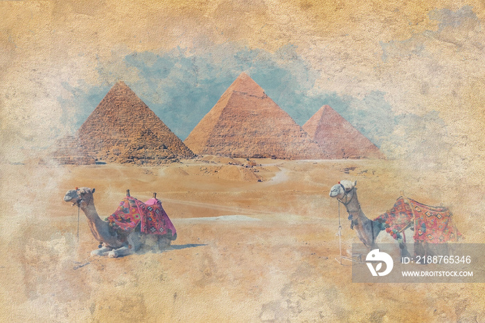 The Pyramids of Giza in Egypt - Watercolor effect illustration