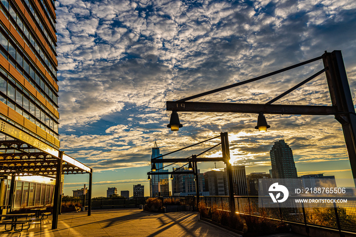 Elevated View of Downtown Raleigh Skyline at Sunrise, Raleigh, North Carolina, USA