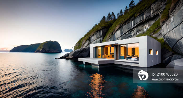 Photo of a serene floating house surrounded by water and nestled near a majestic cliff