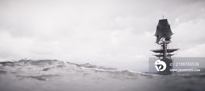 Pirate ship sailing on stormy ocean.