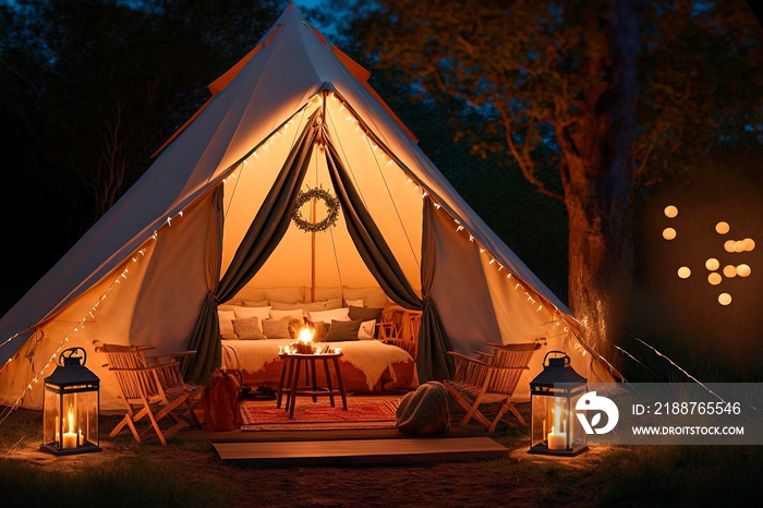 Rest place in forest, Lonely glamping tent with bonfire among green trees, Illuminated bell tent at night