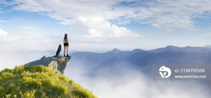 Adventurous Woman Hiking on top of a mountain with a Husky dog. 3d Rendering Adventure Artwork. Aerial nature landscape Image from British Columbia, Canada.