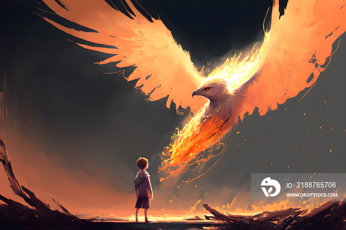 The child looking at the phoenix bird flying above him, digital art style, illustration painting