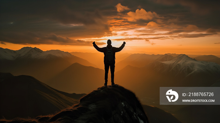 Silhouette of a person standing on a mountaintop, with arms raised in triumph against a colorful sunset sky. Showcasing the concept of success, achievement, and overcoming challenges.