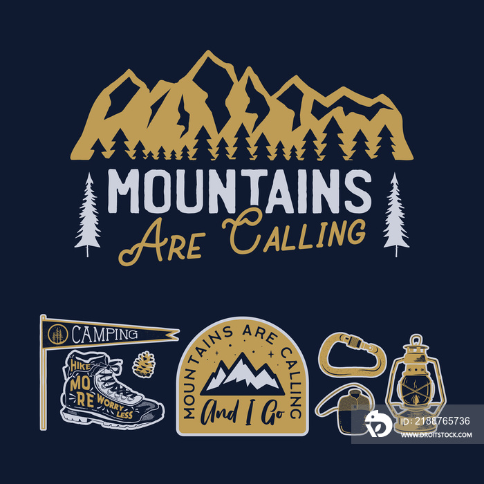 Vintage camp logos, mountain badges set. Hand drawn labels designs. Travel expedition, wanderlust and hiking. Mountains are Calling outdoor emblems. Logotypes collection. Stock .