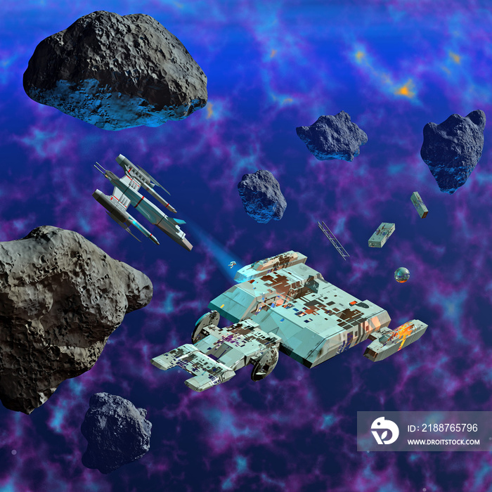 spaceship exploring a wreck in space, near asteroids