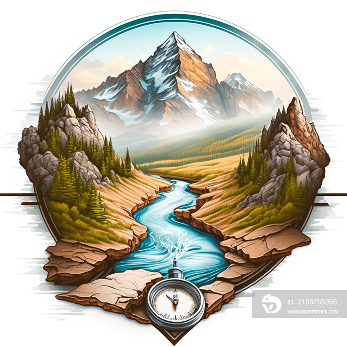 logo of a landscape with its compass, vacations, tourist destination, relax,