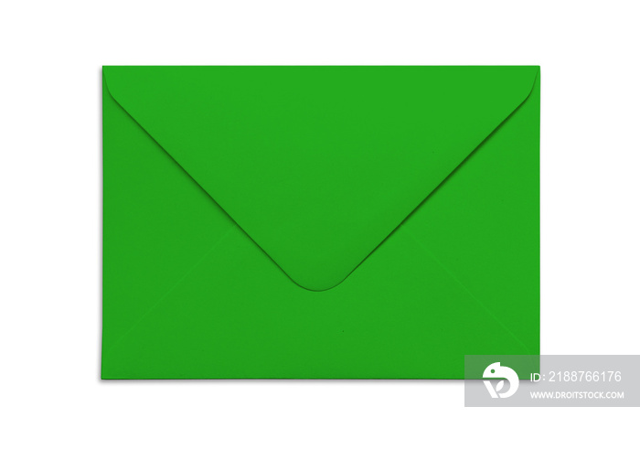 Mockup of blank green envelope isolated on white background with shadows.