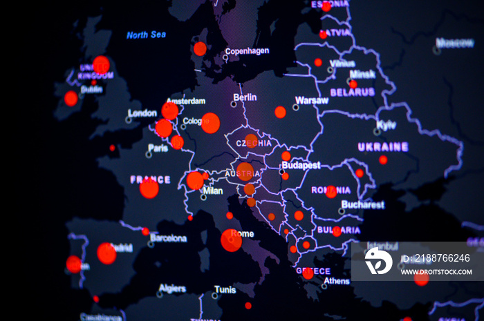 Middle of Europe. Coronavirus COVID-19 global cases Map. Red Point showing the number of infected. World map on monitor display.