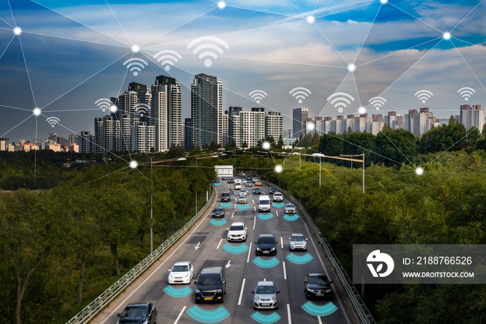 Smart car, Autonomous self-driving mode vehicle on metro city road IOT concept.