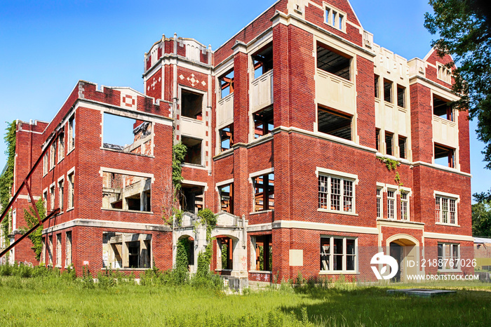 The abandoned and wrecked High School building in Hattiesburg Mississippi, USA