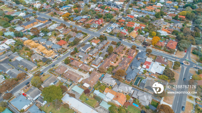 Aerial view - looking down at houses and strees in suburbia