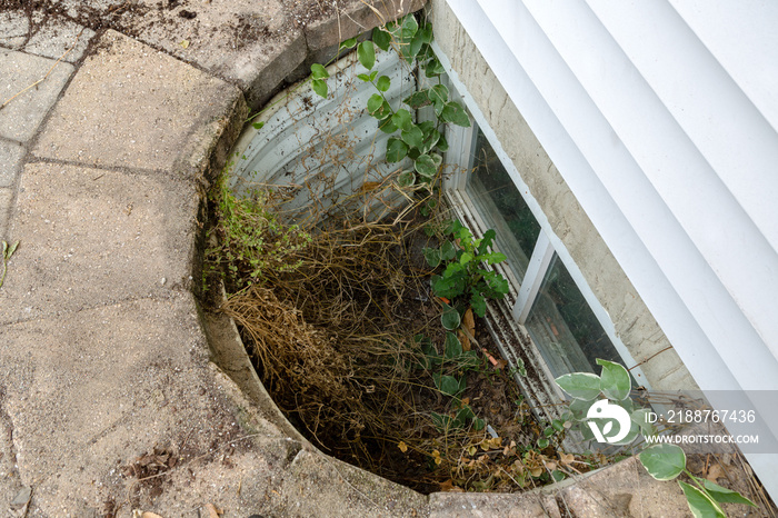 View looking down into a neglected egress window