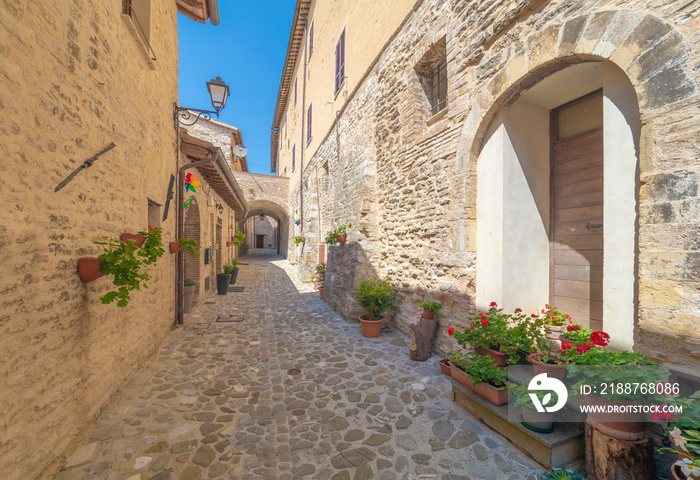 Nocera Umbra (Italy) - A little charming stone medieval city on the hill, with suggestive alley and square, in province of Perugia. Here a view of historical center.