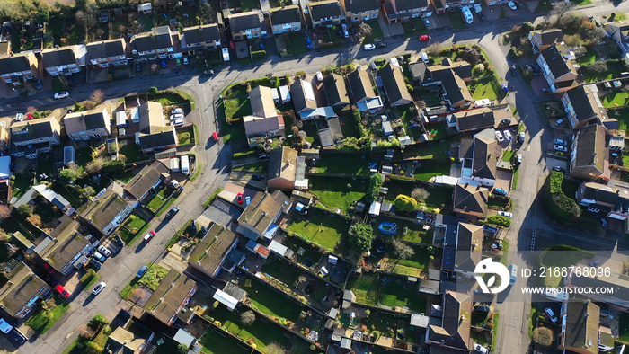 Aerial view of homes in a suburban setting in England