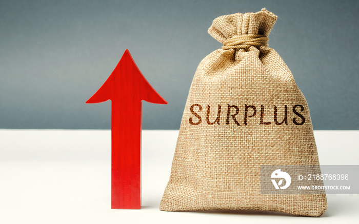 Money bag with the word Surplus and up arrow. The concept of increasing budget surplus. Economic prosperity. Cash receipts are higher than expected. The excess of income over expenses. Analytics