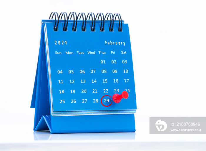 A blue calendar on February 29, 2024 on a leap year or leap day on a white background.