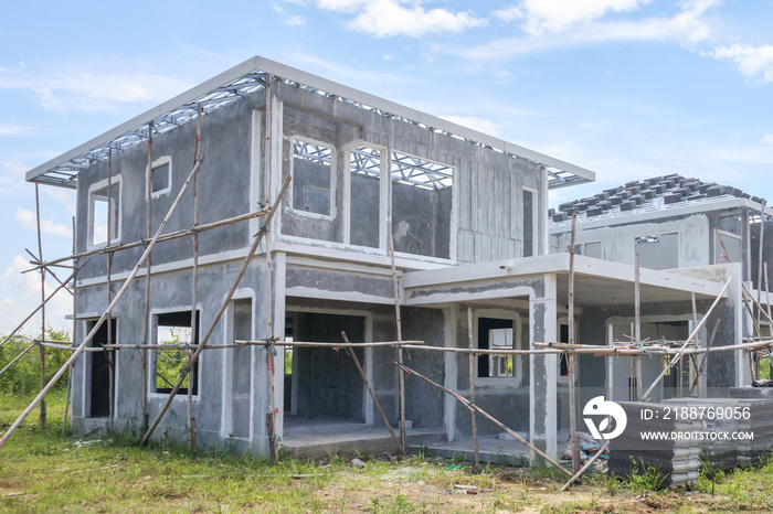 construction residential new house with prefabrication system in progress at building site