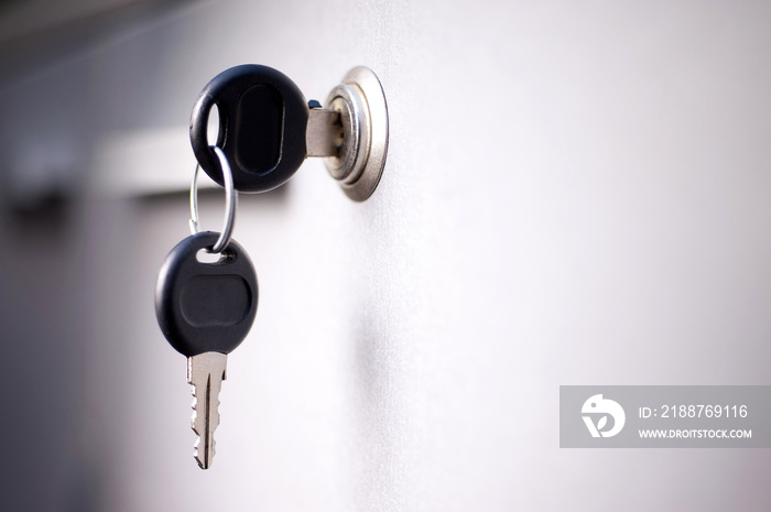 office safe key on gray background. mockup