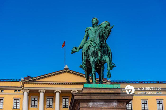 Statue of king Karl Johan in front of the royal palace in Oslo, Norway