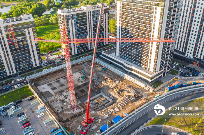 Construction of a high-rise building in the business district of the city, aerial view.