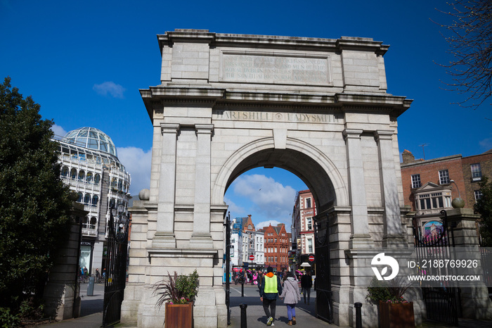 Fusiliers’ Arch, a monument which forms part of the Grafton Street entrance to St Stephen’s Green park, in Dublin, Ireland