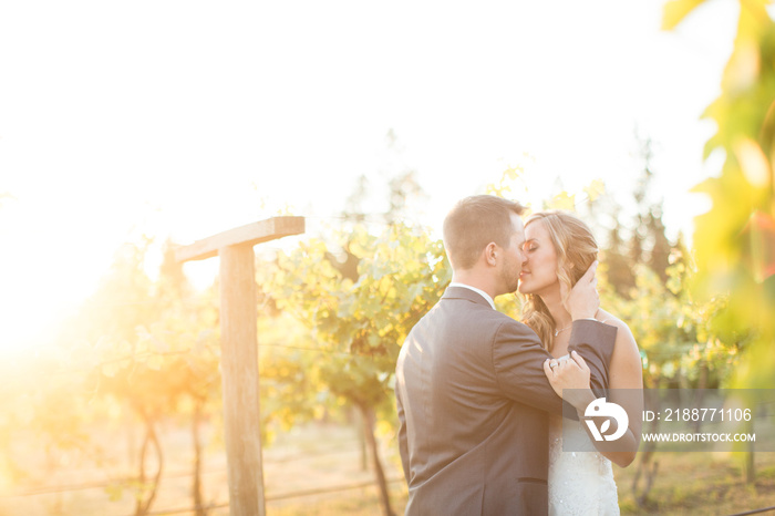 young bride and groom kissing in vineyard at sunset