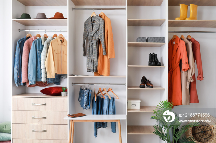 Modern wardrobe with stylish female clothes in room