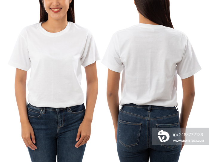 Young woman in white T shirt mockup isolated on white background with clipping path.