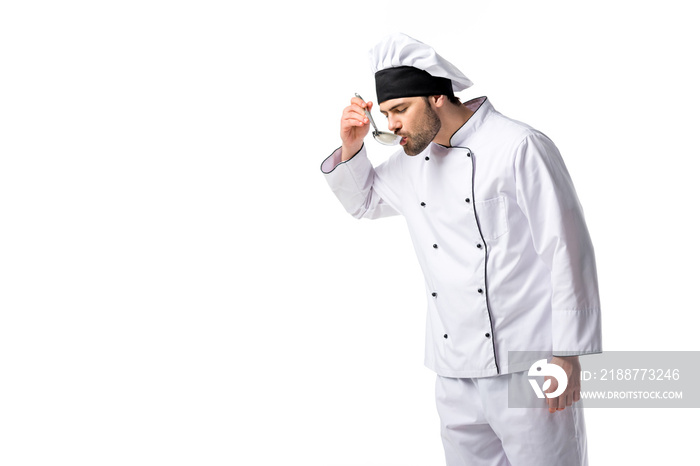 portrait of chef with soup ladle in hand isolated on white