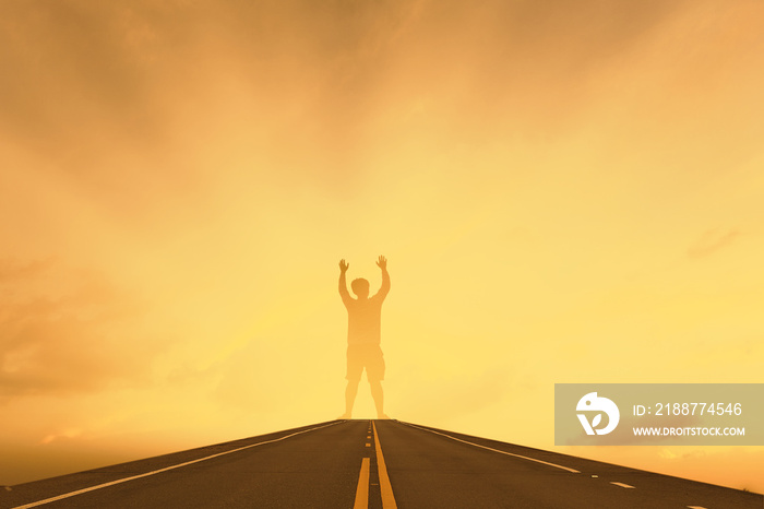 Human hands open freedom and feel good to heaven, Happy man on the sunset,  fighting and victory for god,  tone color style background, Raised Hands in prayer, Repent concept: worship praise God