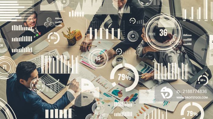 Creative visual of business people in a corporate staff meeting on video call . Concept of digital technology for marketing data analysis and investment decision making .