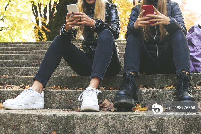 Two girls with wool cap sitting in the park using smartphone, beautiful autumn afternoon. Teen using mobile phone. Sisters chat with friends and classmates. Young women enjoying free time in nature