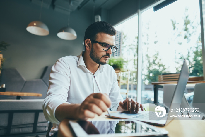 Attractive man working in cafe