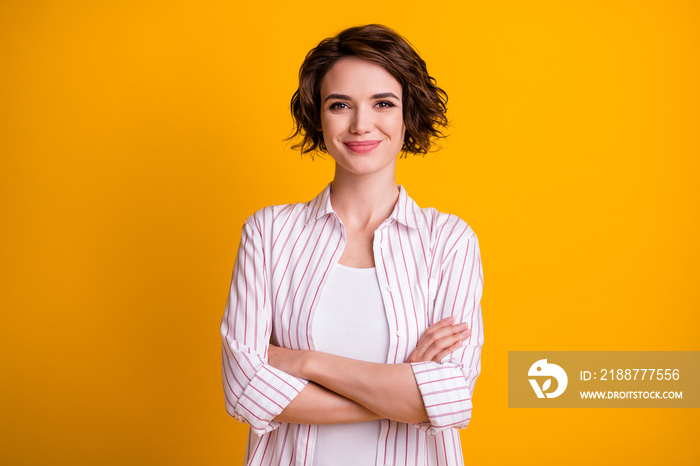 Photo of lovely charming ceo worker girl cross hands enjoy working freelance wear striped shirt isolated over vivid color background