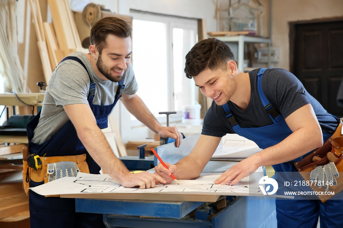 Two young carpenters checking drawing at table in workshop