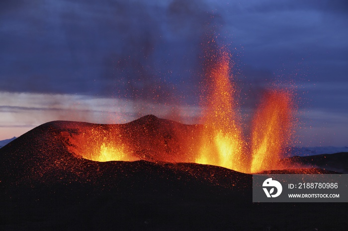 Molten lava erupts from Eyjafjallajokull Fimmvorduhals Iceland