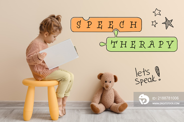 Little girl reading book and text SPEECH THERAPY against color wall